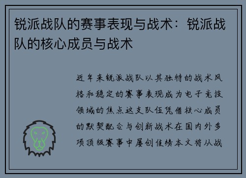 锐派战队的赛事表现与战术：锐派战队的核心成员与战术